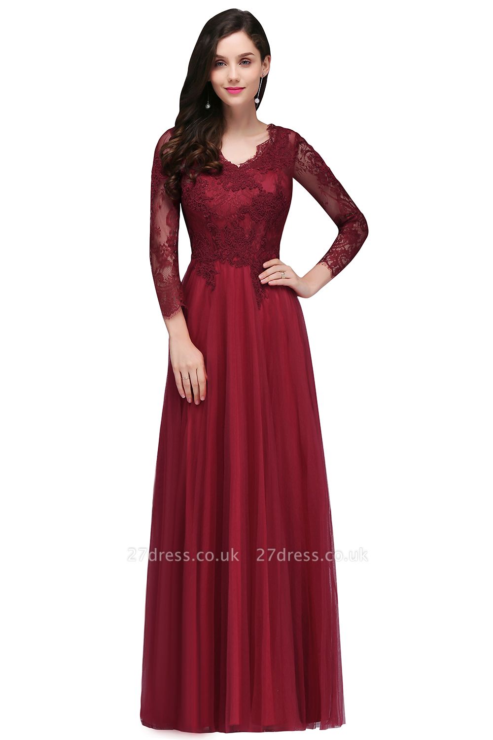 V-Neck Long-Sleeves Burgundy Floor-Length A-line Prom Dress UKes UK