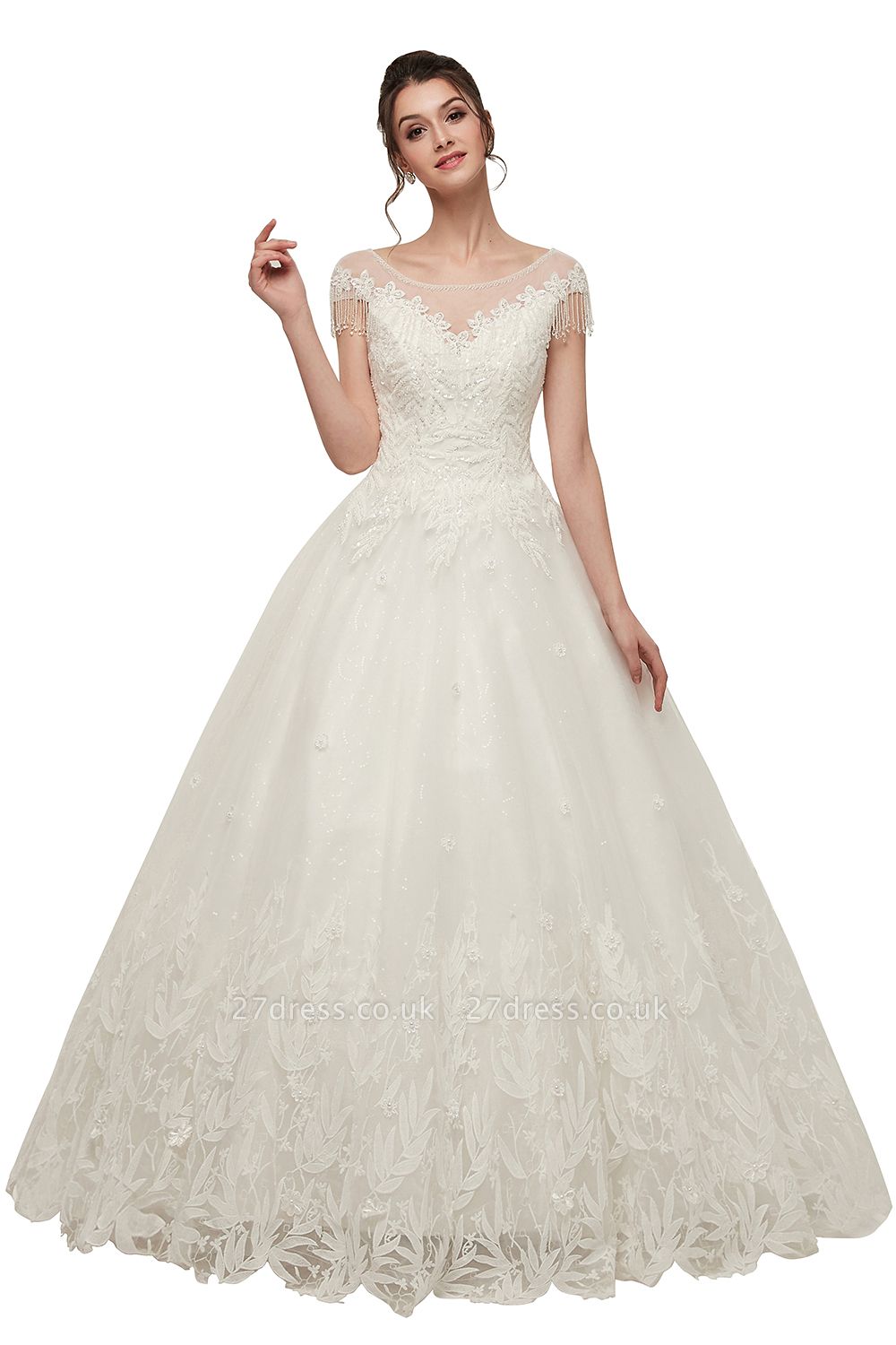Cap Sleeves Scoop Tulle Lace Wedding Dress Aline Floor Length Crystals Bridal Dress