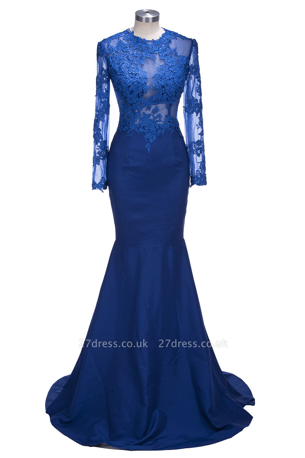 Delicate Royal Blue Lace Appliques Evening Dress UK Mermaid Long Sleeve