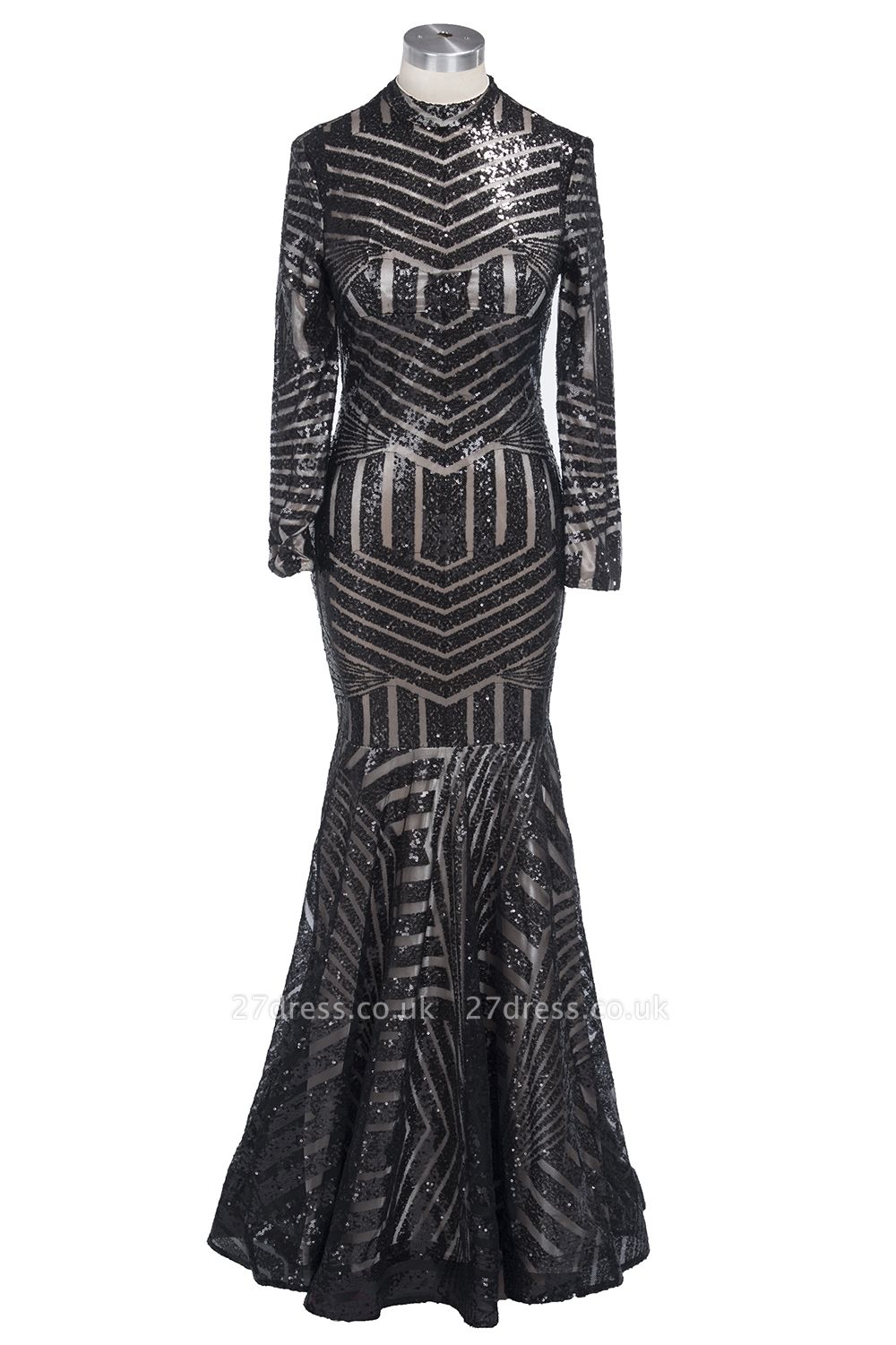 Sequined Black Mermaid High-Neck Elegant Long-Sleeves Prom Dress UK jj0085