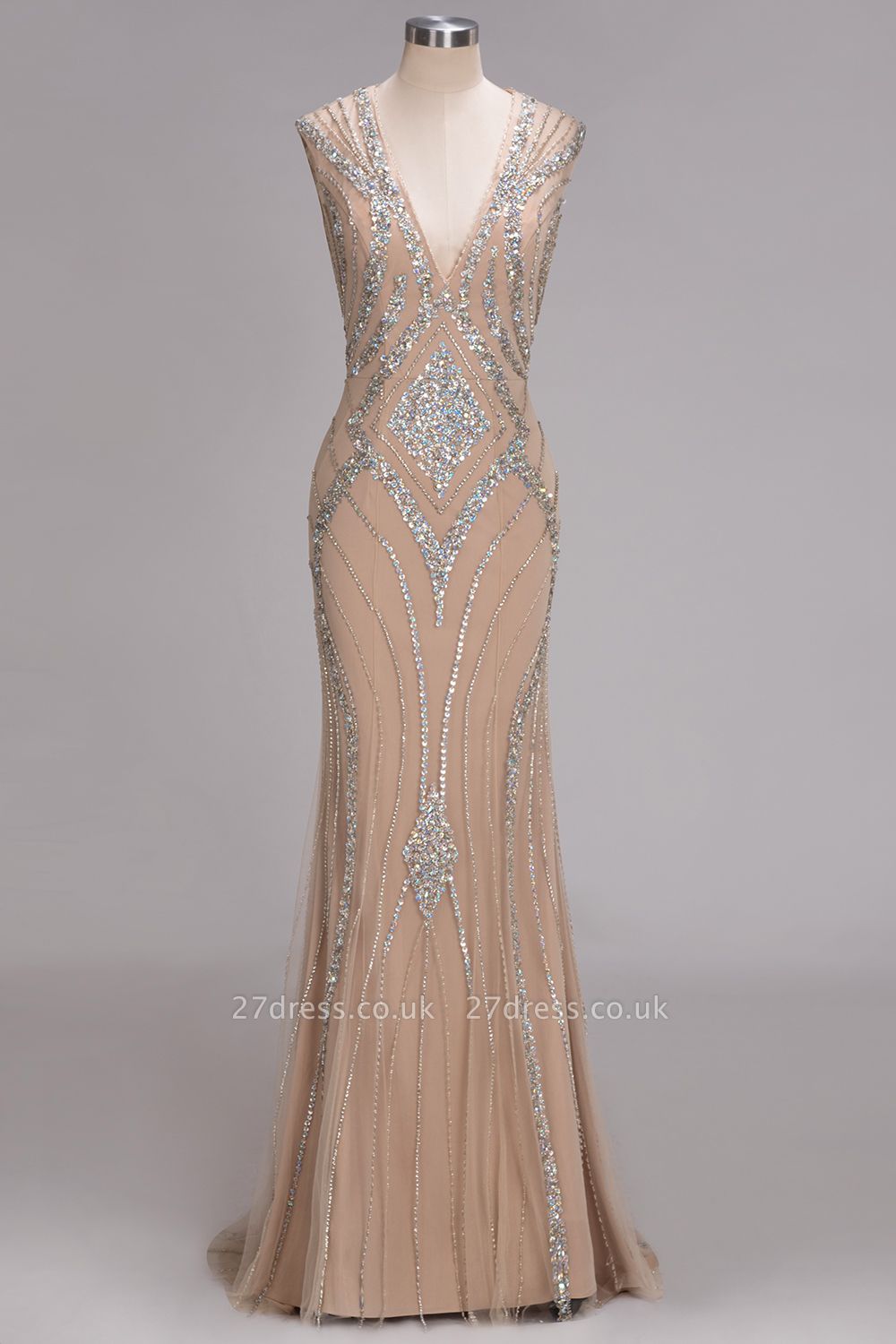Sleeveless Beadings Long Mermaid V-Neck Luxury Crystal Prom Dress UK