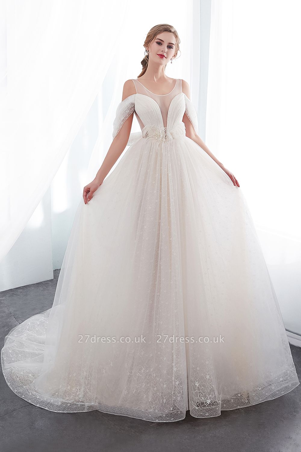 NANCY | A-line Sleeveless Floor Length Lace Ivory Wedding Dresses UK