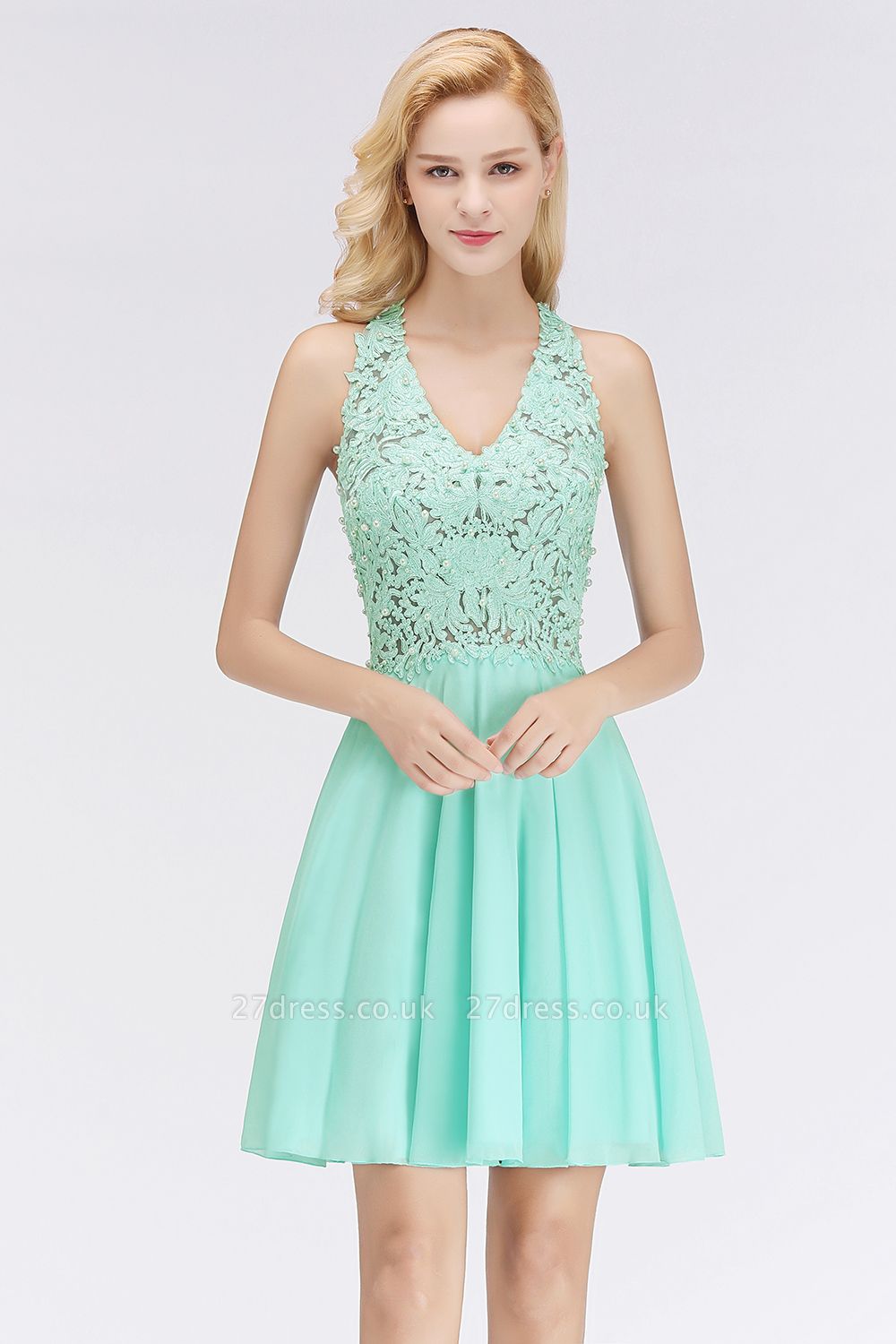 Mint Green Lace Short Bridesmaid Dress  Halter V-Neck Pearls Chiffon Wedding Party Dress Knee Length