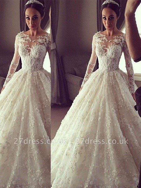 Scoop Neckline Lace Ball Gown Court Train Long Sleeves Wedding Dresses UK
