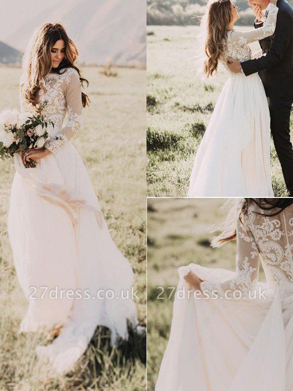 Long Sleeves Floor-Length Applique Tulle A-Line Scoop Neckline Wedding Dresses UK