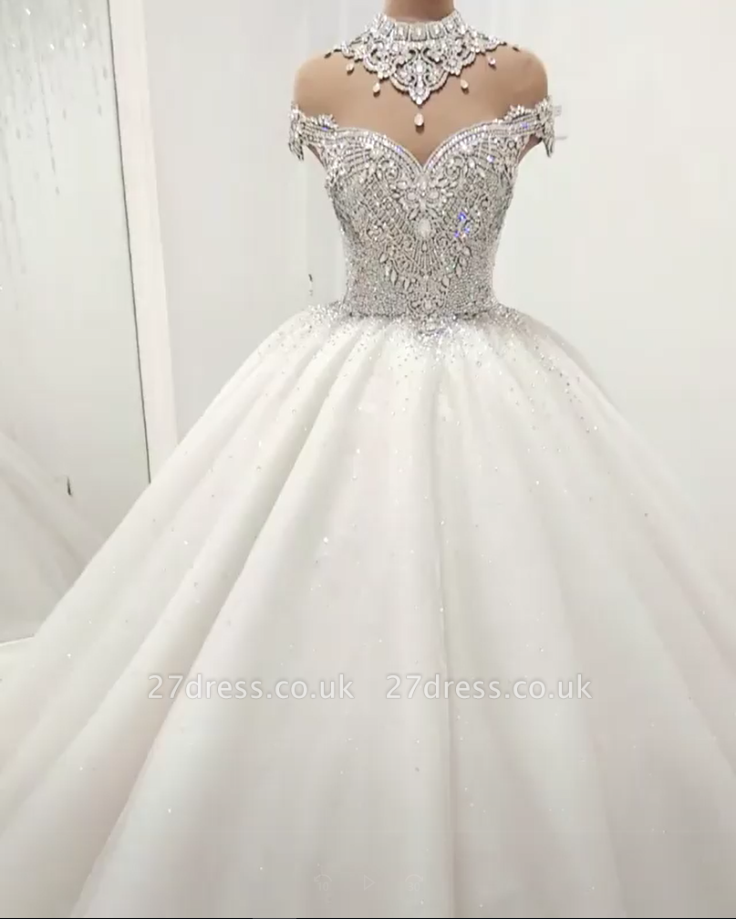 Glamorous High Neck Crystal Beads Ball Gown Wedding Dresses UK