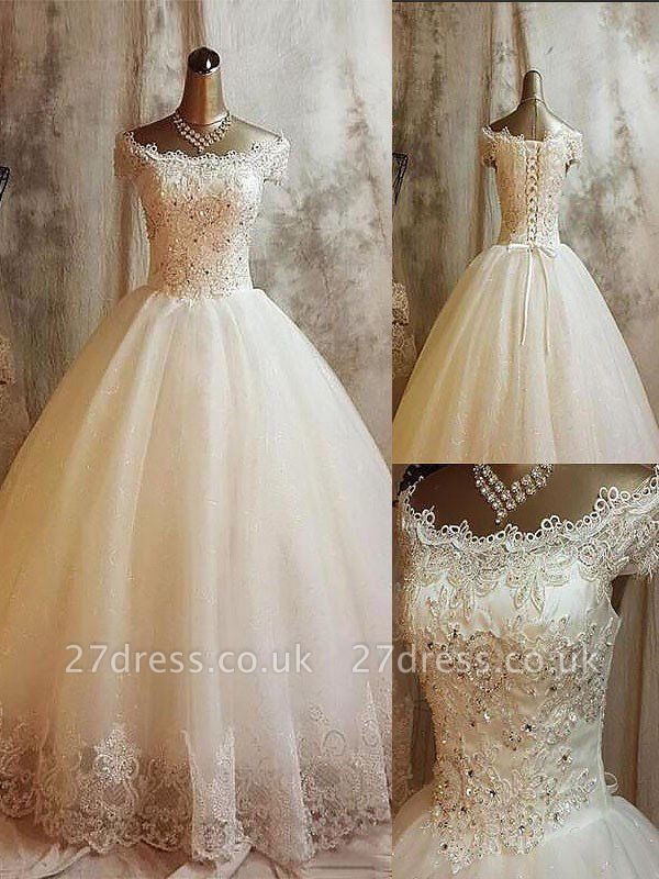 Sweep Train Tulle Ball Gown Applique Sleeveless Off-the-Shoulder Wedding Dresses UK