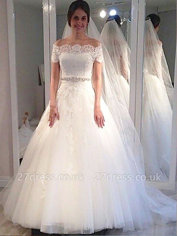 Short Sleeves Sweep Train Ball Gown Tulle Off-the-Shoulder Wedding Dresses UK