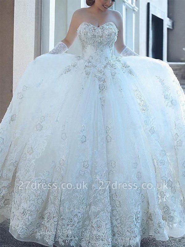 Tulle Cathedral Train Ball Gown Applique Sweetheart Sleeveless Wedding Dresses UK