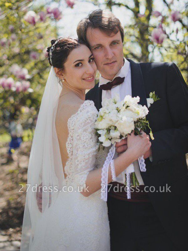 V-neck Sheath Lace Sweep Train 1/2 Sleeves Wedding Dresses UK