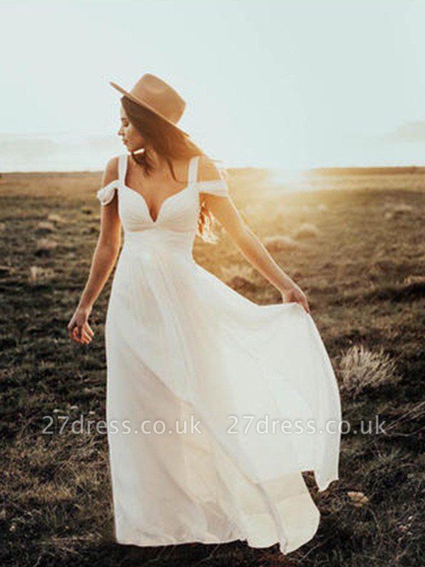 Short Sleeves Ruffles  V-Neck Straps Floor-Length  A-Line Wedding Dresses UK