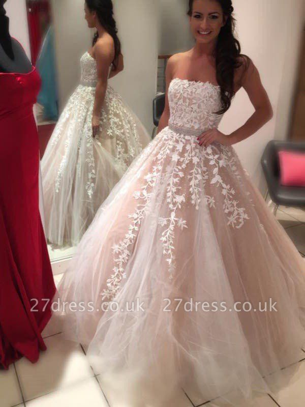 Applique Tulle Ball Gown Court Train Strapless Sleeveless Wedding Dresses UK