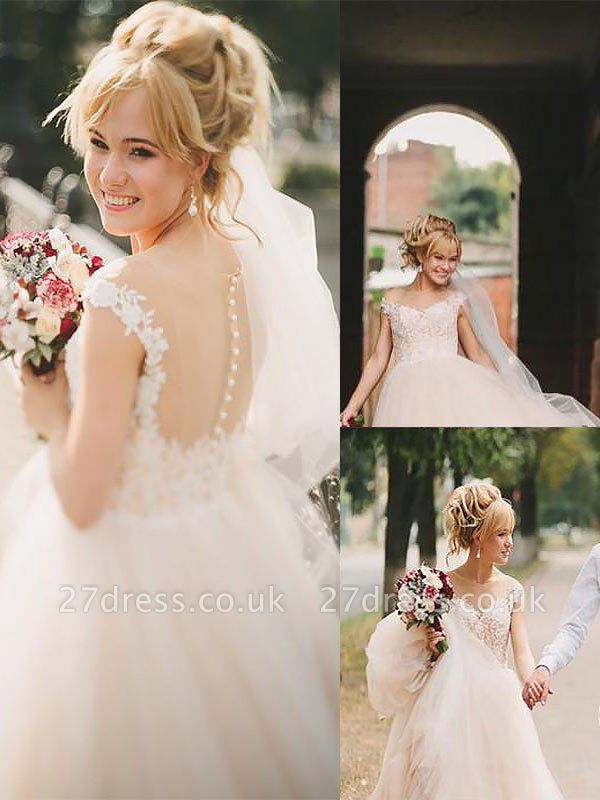 Court Train Sleeveless A-Line Tulle Scoop Neckline Wedding Dresses UK