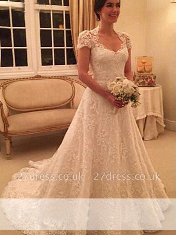 Court Train A-Line Short Sleeves Lace Sweetheart Wedding Dresses UK