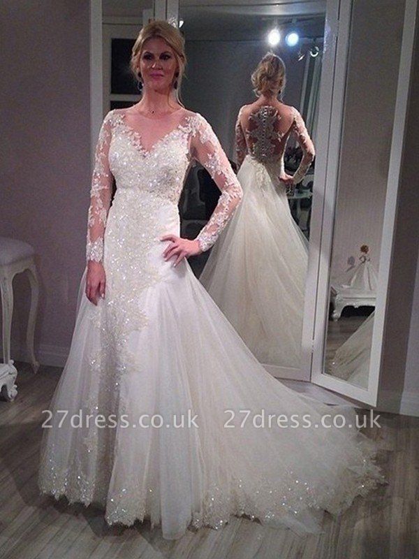 Sweep Train Tulle Long Sleeves A-Line V-neck Sequin Wedding Dresses UK