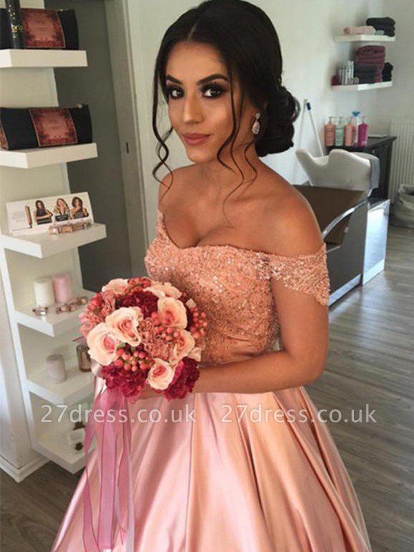 Satin Off-the-Shoulder Ball Gown Cathedral Train Sleeveless Ruffles Wedding Dresses UK