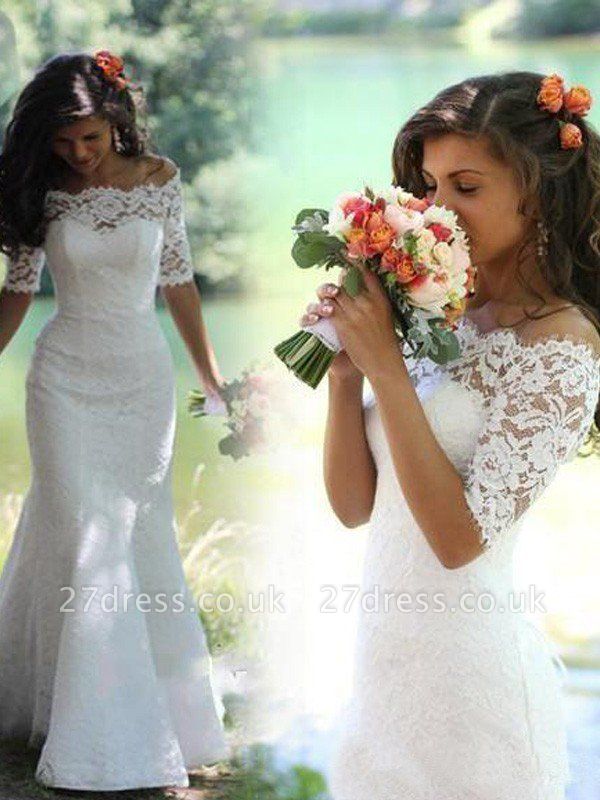 1/2 Sleeves Lace Off-the-Shoulder  Sexy Mermaid Sweep Train Wedding Dresses UK