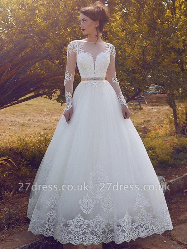 Tulle Floor-Length Ball Gown Long Sleeves Bateau Wedding Dresses UK