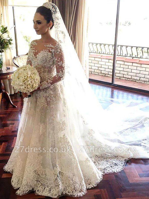 Bateau Tulle A-Line Lace Long Sleeves Wedding Dresses UK