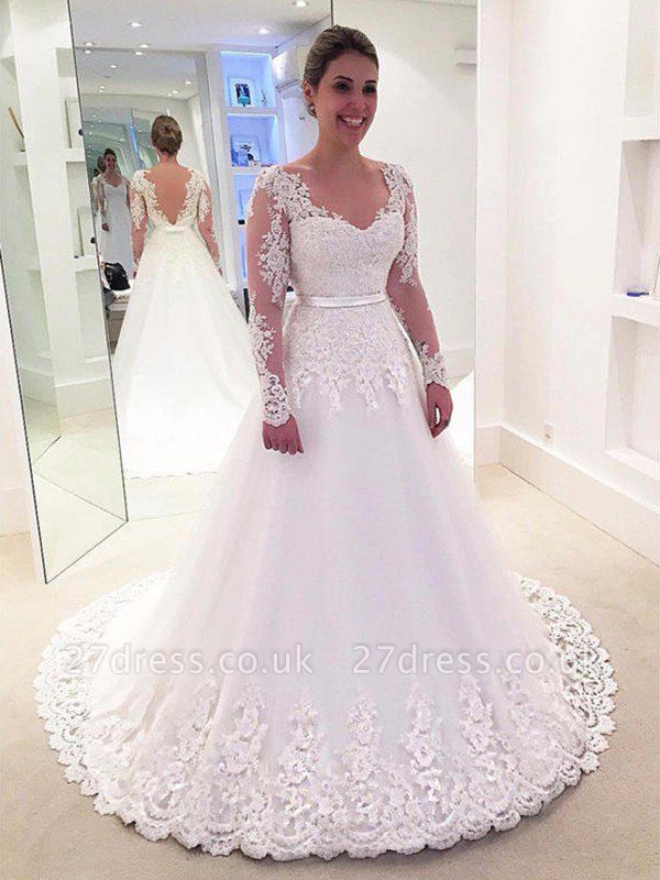 Tulle A-Line Applique Long Sleeves Lace  V-Neck Sweep Train Wedding Dresses UK