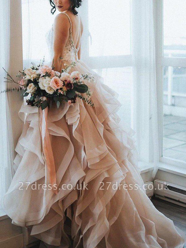 Lace Organza A-Line Sleeveless Sweep Train Sweetheart Ruffles Wedding Dresses UK