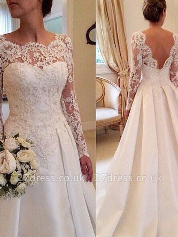 Long Sleeves Scoop Neckline Ball Gown Satin Lace Court Train Wedding Dresses UK