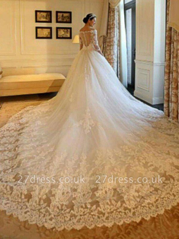 Tulle Ball Gown 3/4 Sleeves Beads Applique Cathedral Train Off-the-Shoulder Wedding Dresses UK