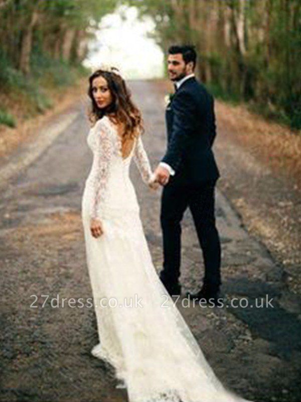 V-neck Sheath Court Train Applique Lace Long Sleeves Wedding Dresses UK