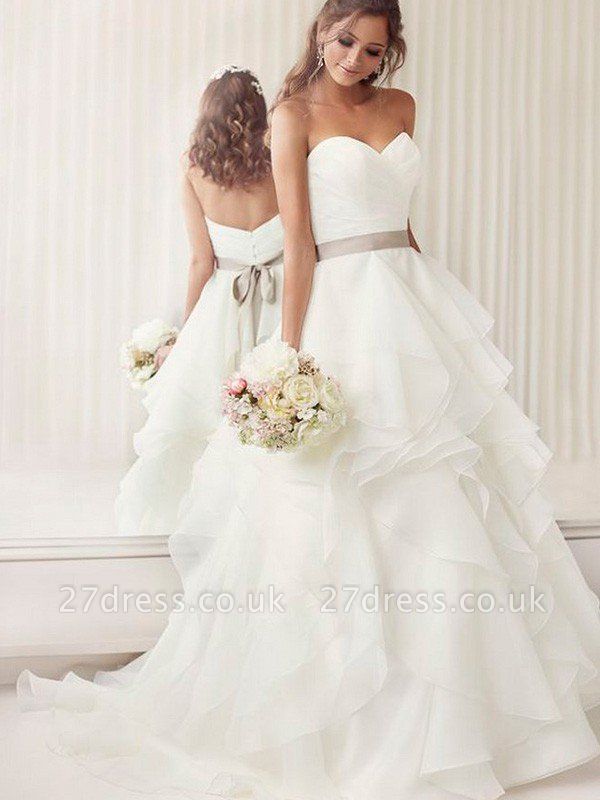 Organza A-Line Ruffles Sleeveless  Sweetheart Ribbon Wedding Dresses UK