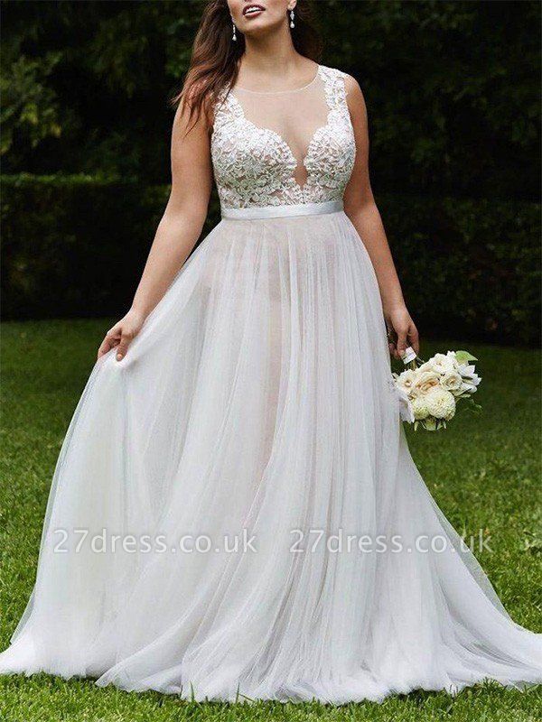 Sleeveless A-Line Court Train Lace Tulle Scoop Neckline Wedding Dresses UK