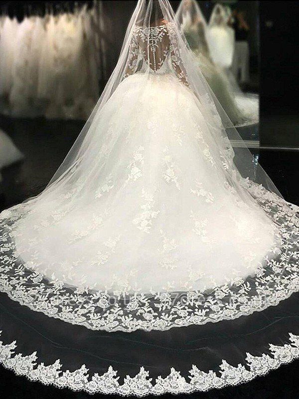 Lace Tulle Cathedral Train Applique Scoop Neckline Long Sleeves Ball Gown Wedding Dresses UK