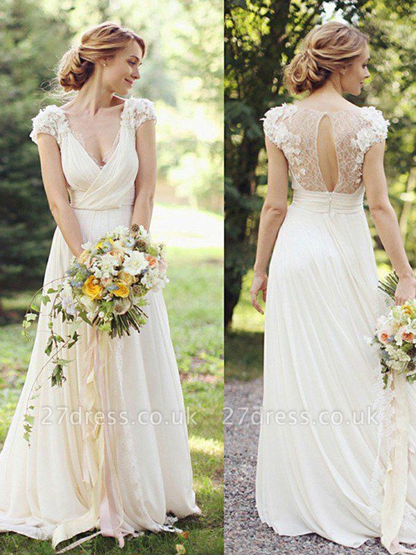 Floor-Length A-Line Ruched  V-neck Short Sleeves Wedding Dresses UK