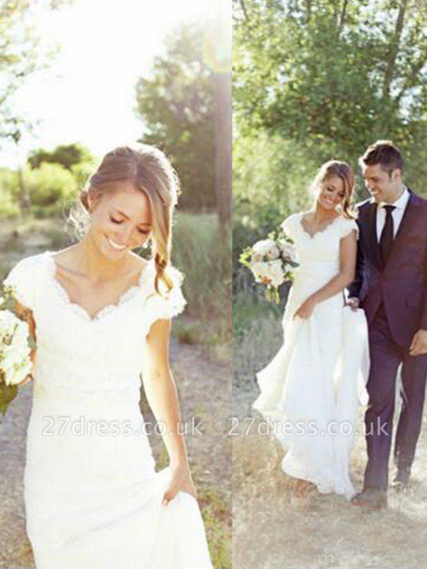 Sweep Train A-Line Lace  V-Neck Tulle Sleeveless Wedding Dresses UK