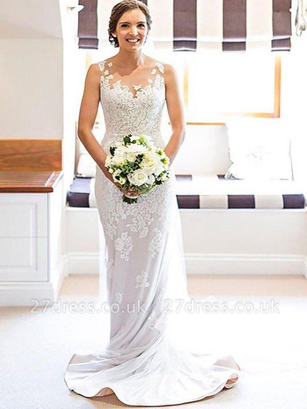 Sleeveless Sheath Scoop Neckline Lace Court Train Applique Wedding Dresses UK