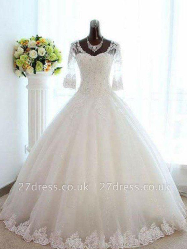 Floor-Length Tulle Ball Gown Beads  V-Neck 3/4 Sleeves Bateau Wedding Dresses UK