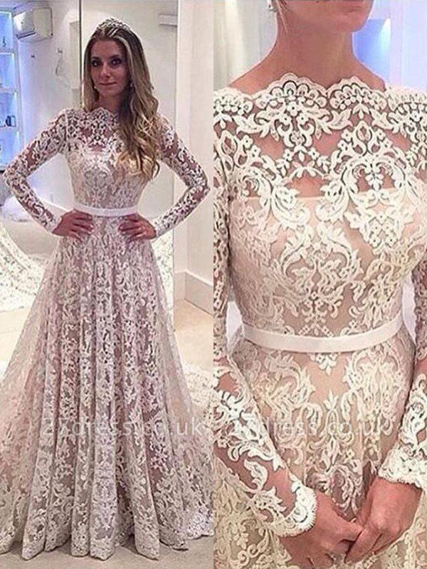 Long Sleeves Court Train A-Line Lace Bateau Wedding Dresses UK