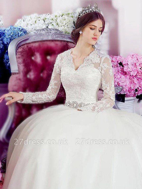 Cathedral Train Applique A-Line  V-Neck Lace Tulle Long Sleeves Wedding Dresses UK