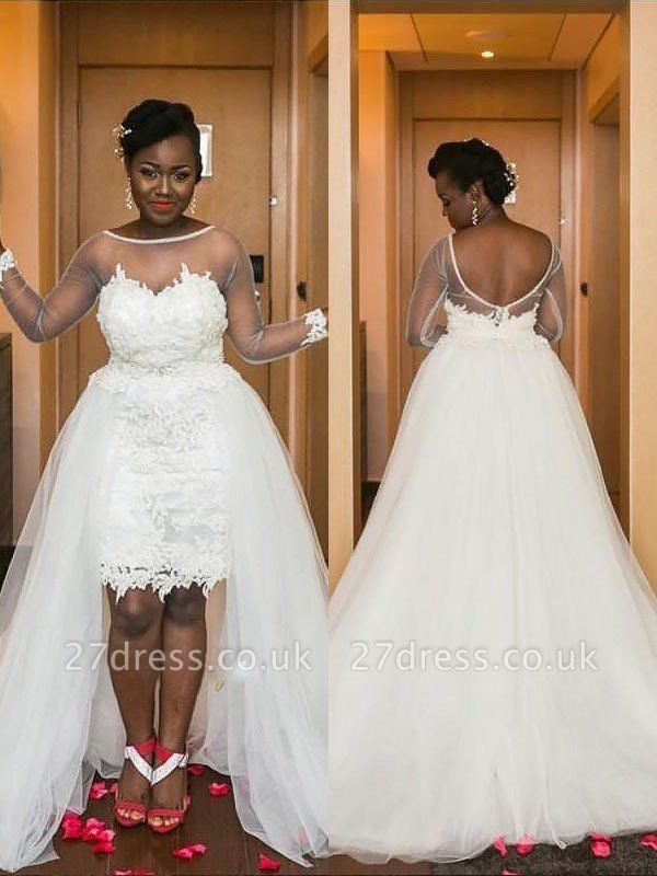 Court Train Long Sleeves A-Line Tulle Scoop Neckline Wedding Dresses UK