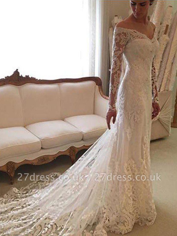 Off-the-Shoulder Court Train Sheath Lace Long Sleeves Wedding Dresses UK