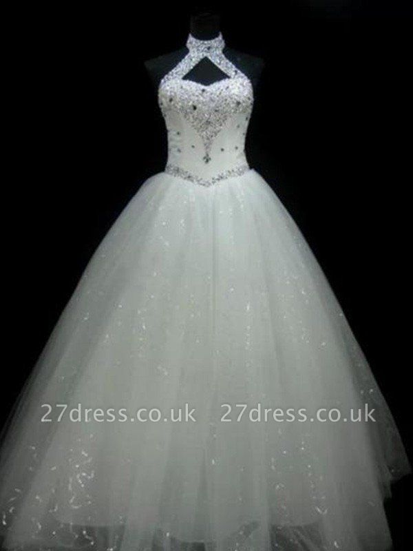 Sequin Ball Gown Sleeveless Floor-Length Beads Tulle Halter Wedding Dresses UK