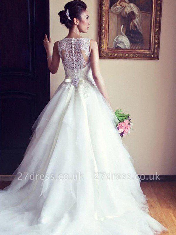 Lace Tulle A-Line Scoop Neckline Beads  Ribbon Applique Sleeveless Wedding Dresses UK
