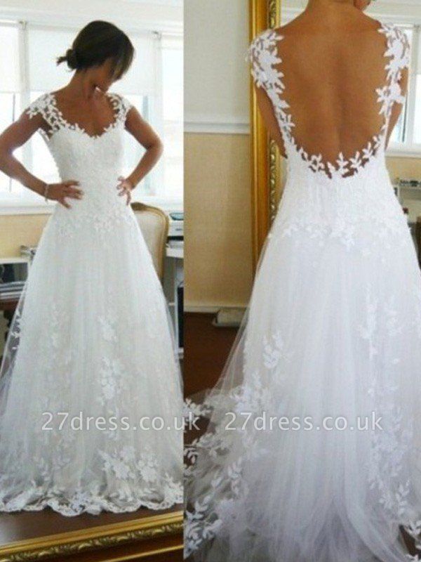 A-Line Sleeveless  V-Neck Sweep Train Lace Tulle Wedding Dresses UK