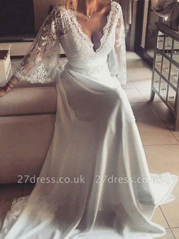 Ribbon Court Train A-Line Long Sleeves  V-Neck Lace Wedding Dresses UK