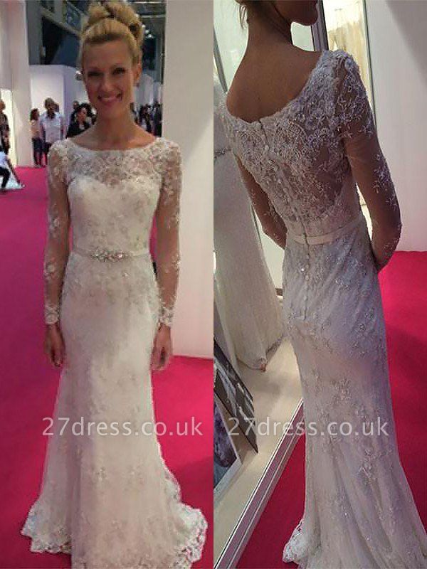 Sheath Lace Sweep Train Scoop Neckline Long Sleeves Wedding Dresses UK