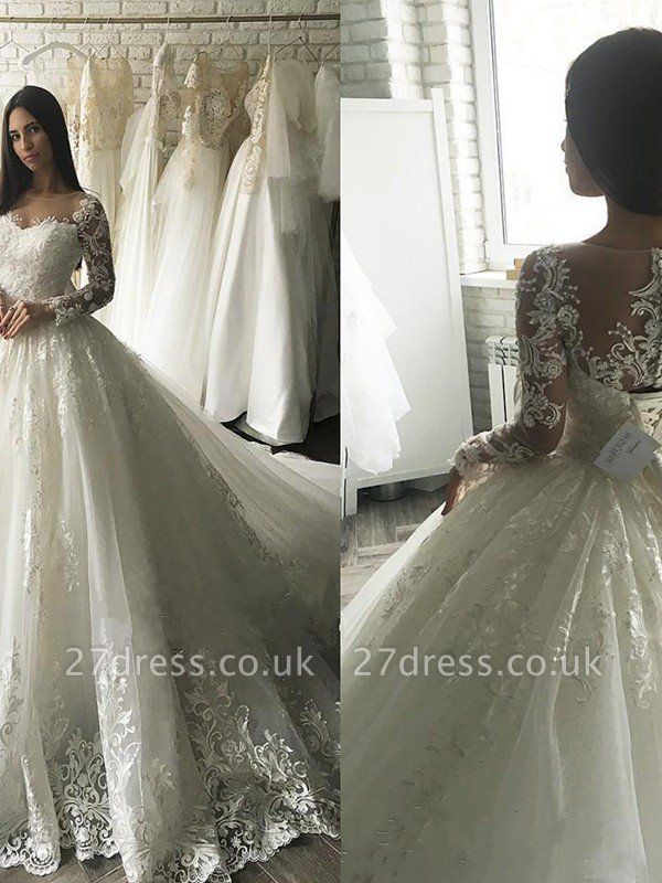 Applique Court Train Ball Gown Scoop Neckline Tulle Long Sleeves Wedding Dresses UK