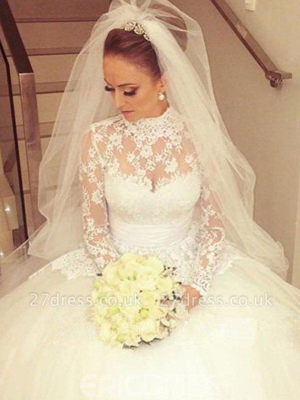 Cathedral Train Ribbon Ball Gown High Neck Lace Long Sleeves Wedding Dresses UK