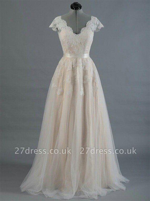 Sweep Train A-Line Sleeveless Applique Lace V-neck Wedding Dresses UK