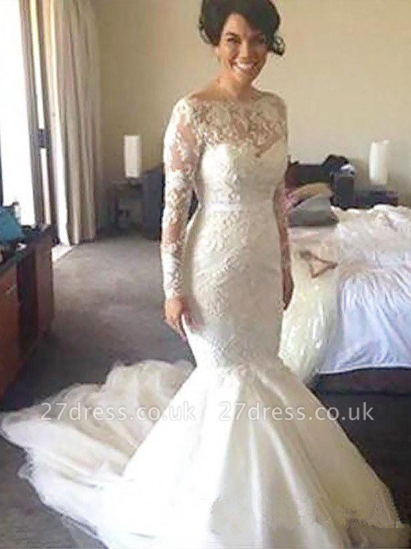 Tulle Applique A-Line Bateau Court Train Long Sleeves Wedding Dresses UK