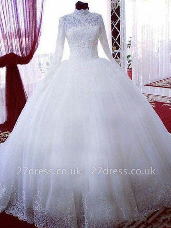 Lace Ball Gown Tulle High Neck Long Sleeves Wedding Dresses UK