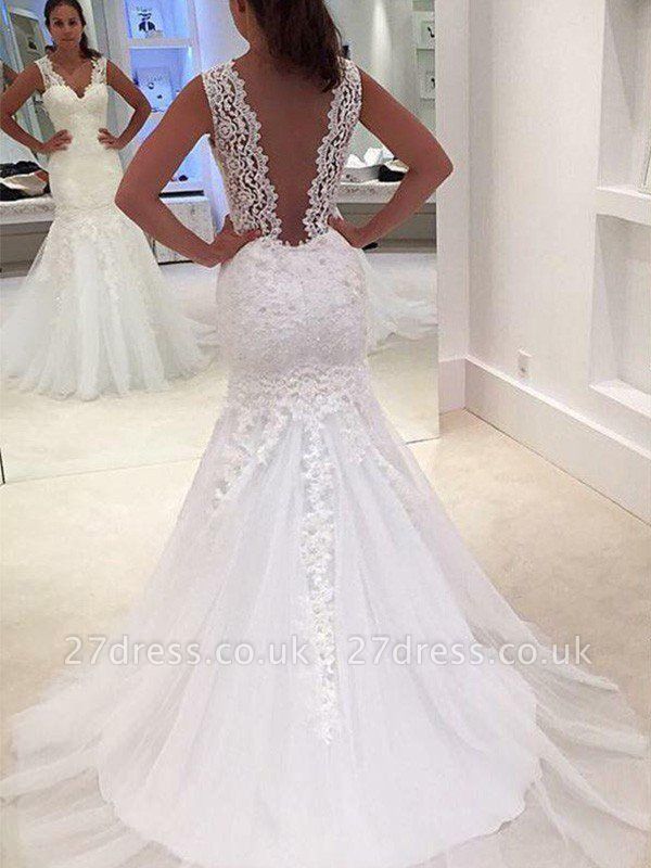V-Neck Sexy Mermaid Court Train Applique Lace Sleeveless Wedding Dresses UK